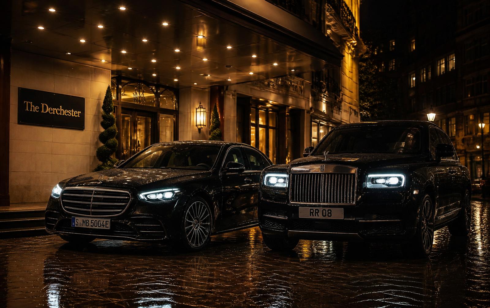 Mercedes S-Class and Rolls-Royce at hotel entrance